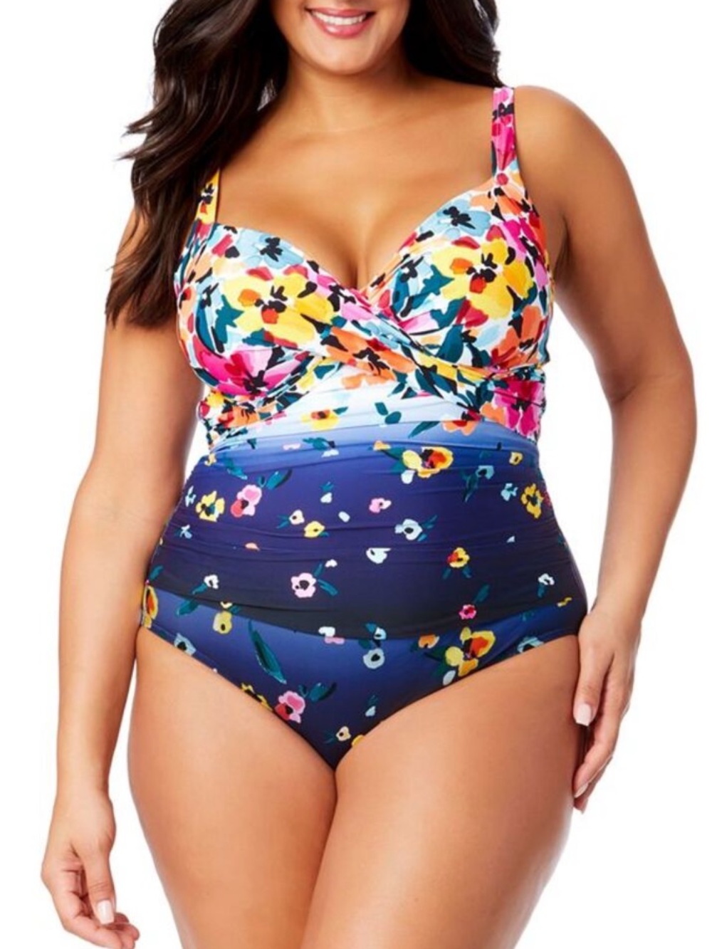 Anne Cole Floral Wrap-Front One-Piece Swimsuit in Navy Multi